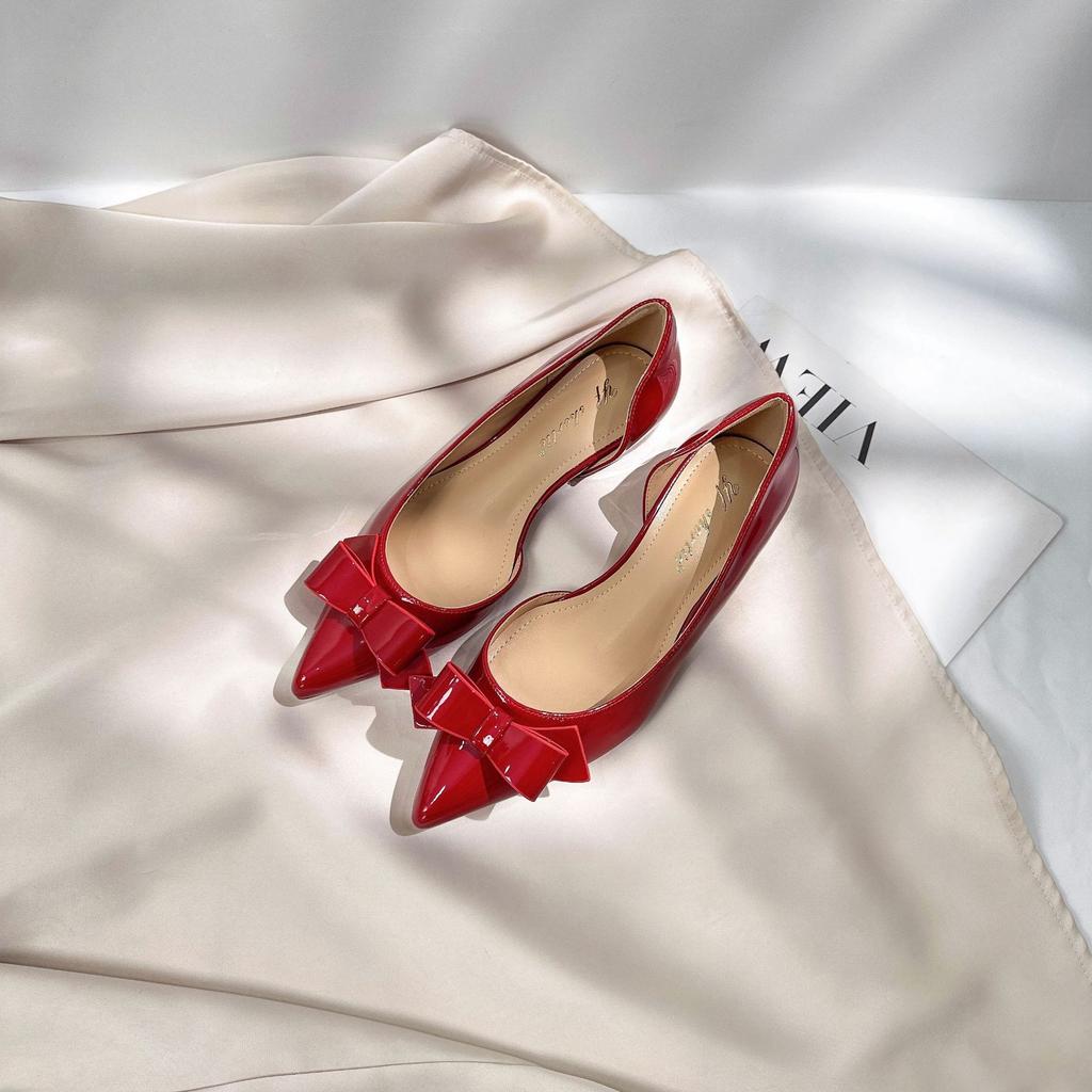 Height Increase 4cm Beautiful Patent Leather Bow Side Empty Sandals Women's 2025 New Sexy Pointed Not Tired Feet Shoes