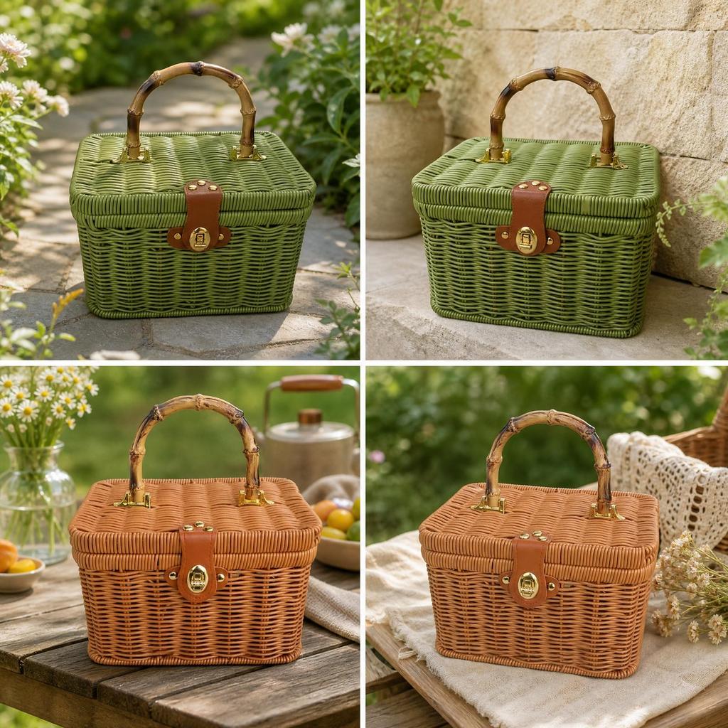 Rectangular Lidded Wicker Basket Sturdy Woven Container with Handle Easy