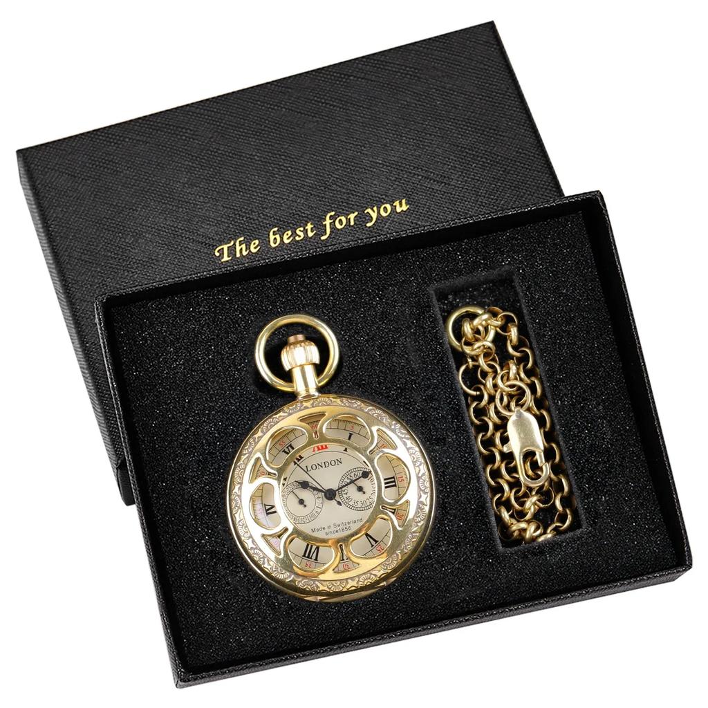 PJX070 NEW Golden Pure Copper Mechanical Pocket Watch Roman Numerals Open Face Sub-dials Moon-phase Pocket Clock with Chain