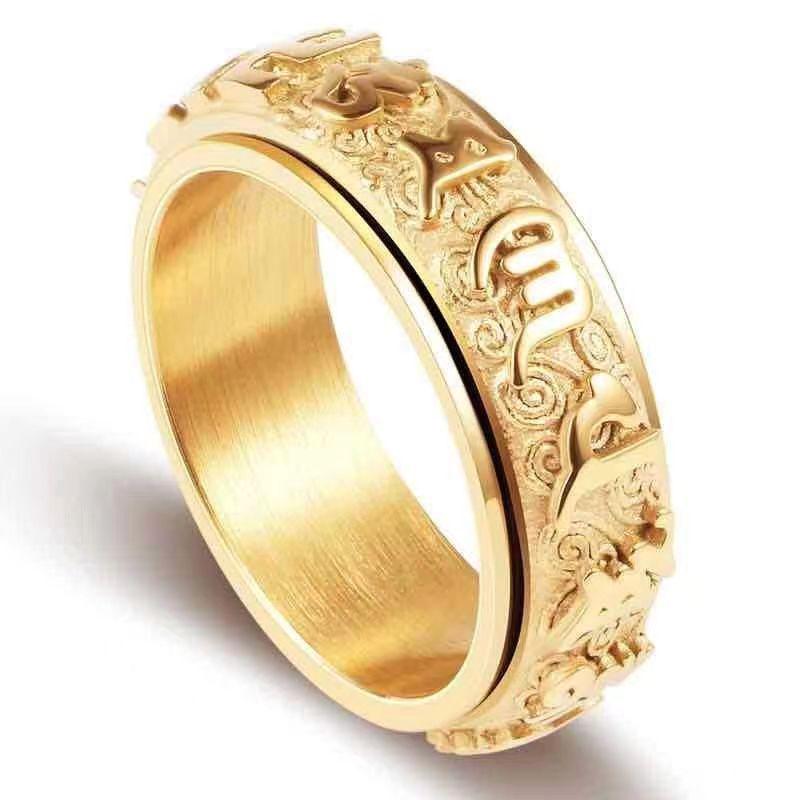 Rotating Titanium Steel Ten Thousand Words Amulet Ring: Eight Guardian Deities, Zodiac Birth Year, Heart Sutra for Men