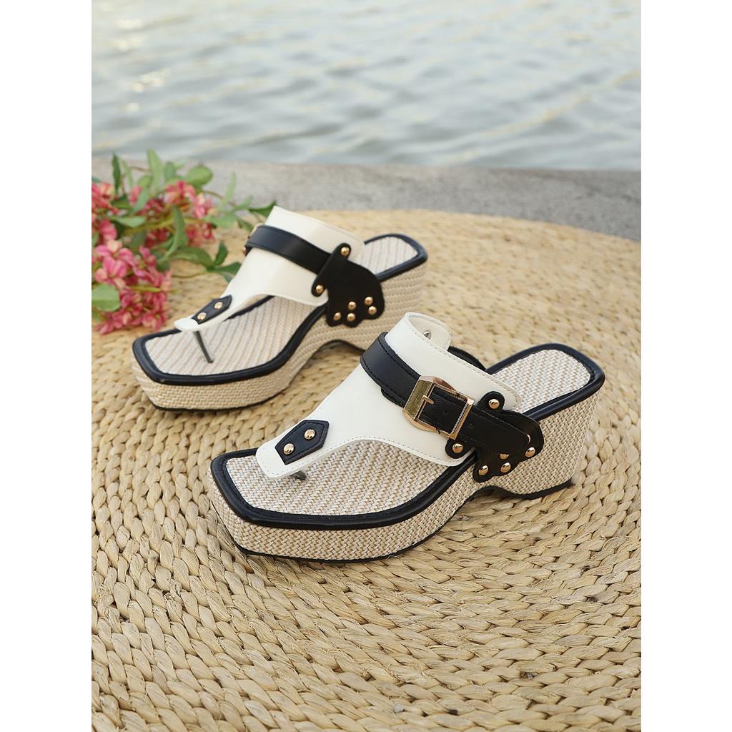 Ladies' Thick Soled Wedge Sandals with Metal Nail Buckle Design - Square Toe Breathable Fabric Cover, Shock-absorbing Rubber Sole, Non Slip Shoes