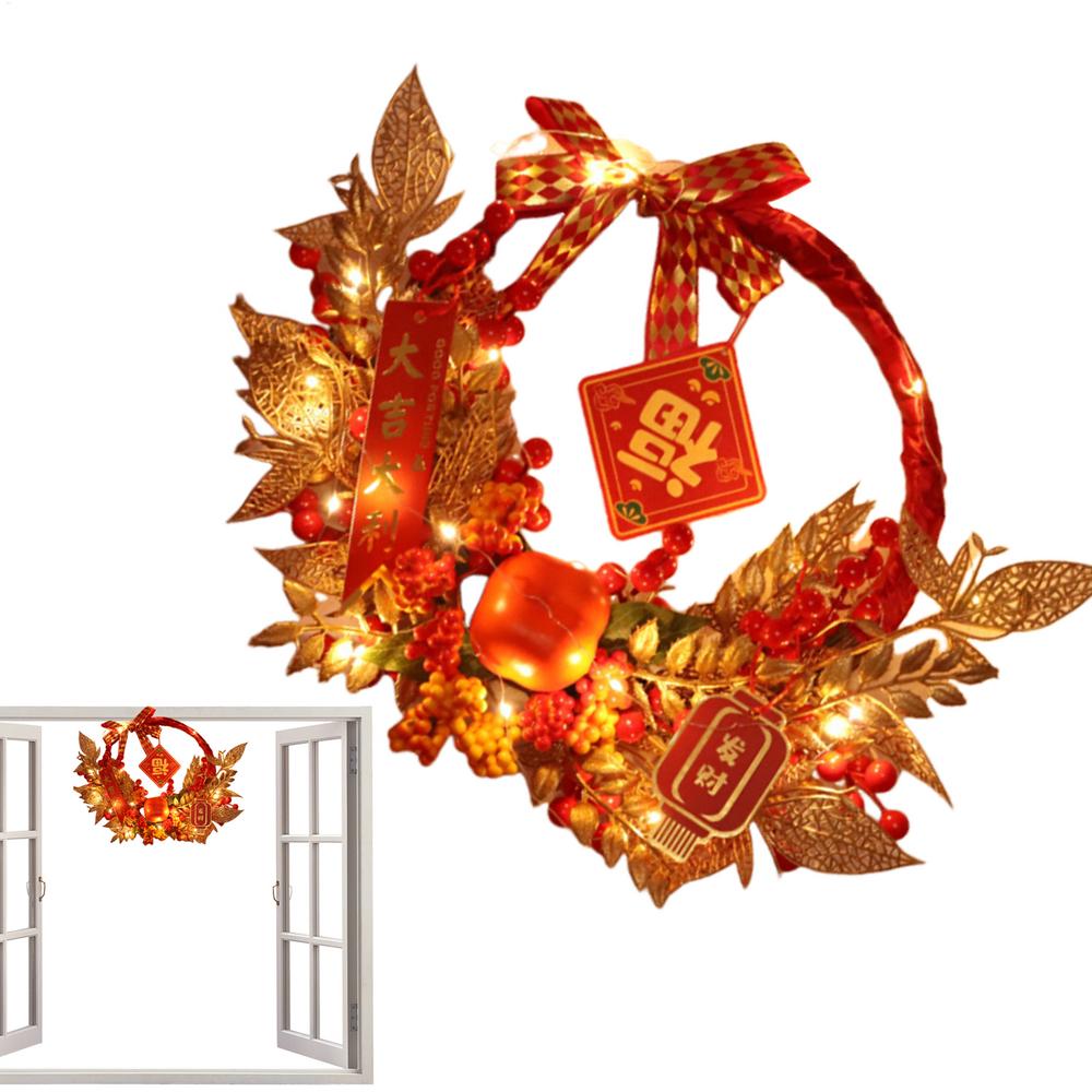 New Year Red Artificial Flower Ornament Good Luck Traditional Chinese Signs Front Door Wreath Artificial Wreath Built-in Led