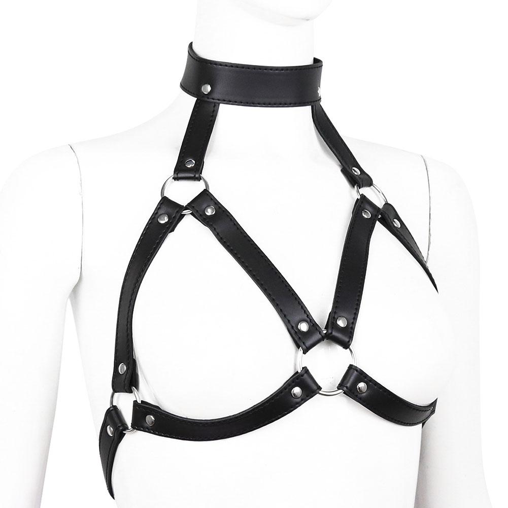 Leather Bondage Clothes with Neck Sleeves Hollow Bra Women Sexy Lingerie Exotic Comfortable Adult Intimate Play Costumes