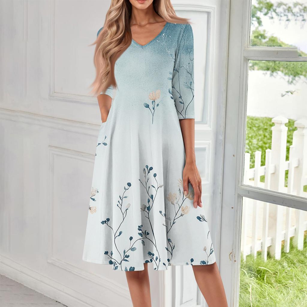 Women's Casual Fashion V Neck Three Quarter Sleeve Print Midi Dress