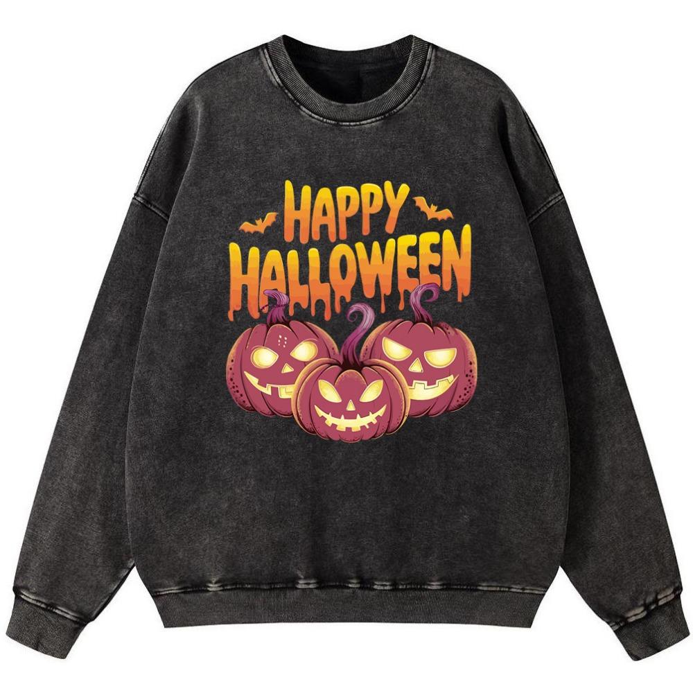 Happy Halloween Woman Vintage Washed Cotton Thin Style Sweatshirt Simple Oversize Pullover  Hipster Soft
