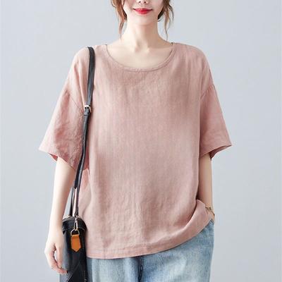 Casual Καλλιτεχνικό Βαμβακο-Λινό Γυναικείο T-Shirt Κοντομάνικο Vintage Τοπ για το Καλοκαίρι Μεγάλο Μέγεθος Χαλαρή Εφαρμογή Ρούχα για Μητέρες