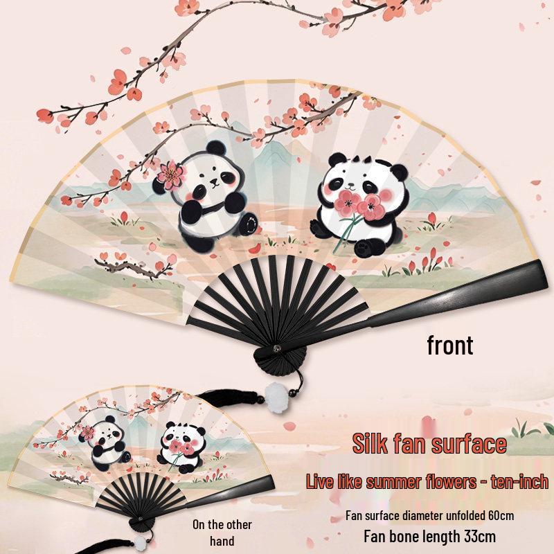 Children's Day Gift: Panda-Themed Silk Folding Hand Fan in Ancient Chinese Style - Portable and Cute for Dance