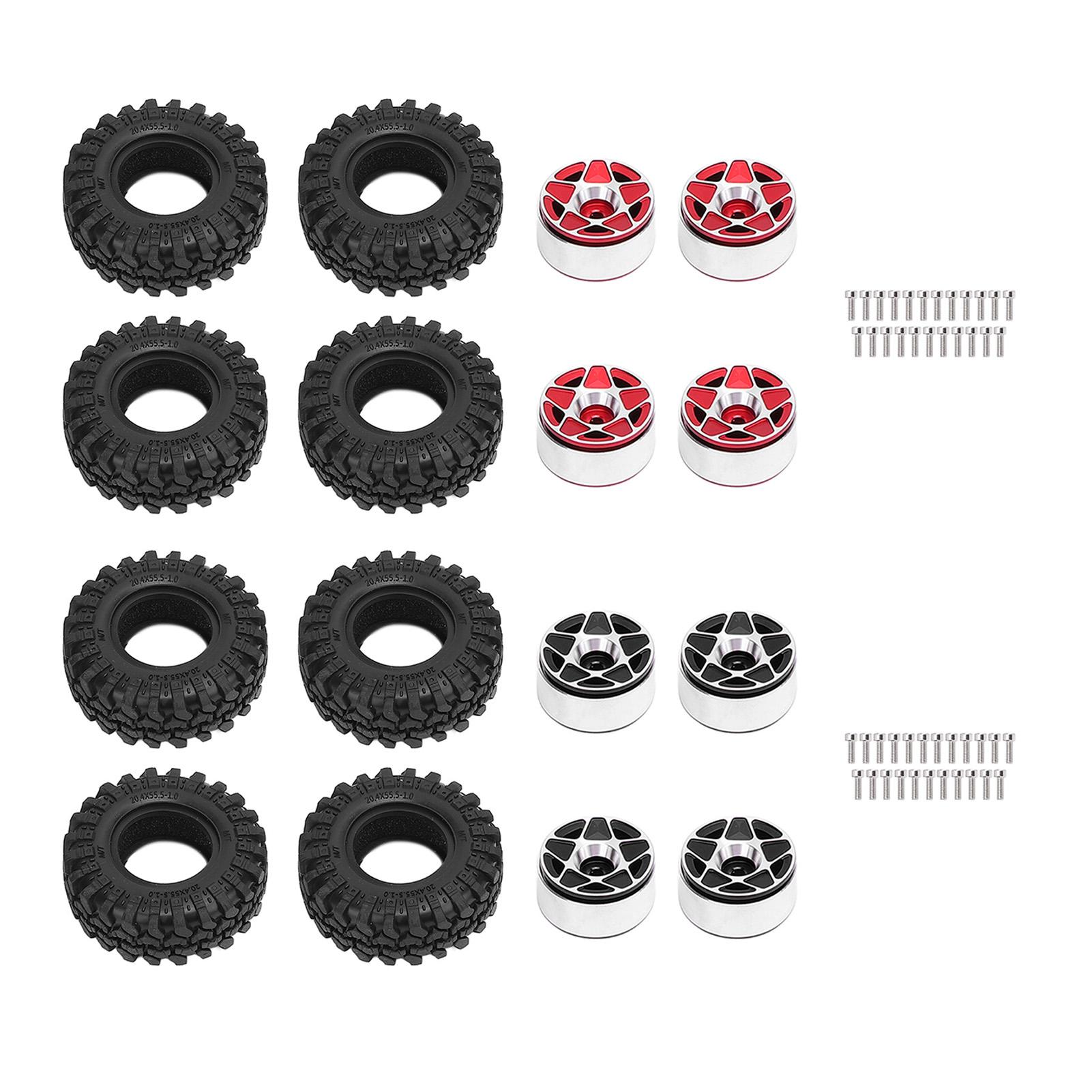 

Aluminum Alloy 1.0 Wheel Rims with 1.0 Tires Soft Rubber Crawler Wheel Tires 5 Star Hub for AXIAL 1/ Red