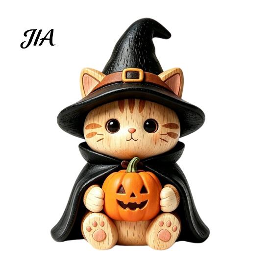 Trendy Desk Accessories Vintage Witch Cat Halloween Decoration, Small Wooden Unique Gift for Her Figurine Farmhouse Mantel, Bookshelf Table,