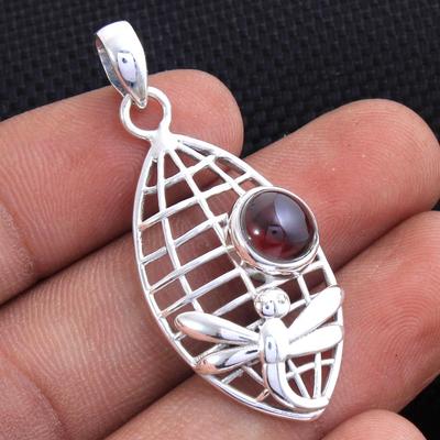 Garnet Silver Pendant, Reiki Pendant, Dragon Fly Pendant, 925 Sterling Silver Handmade Jewelry, Silver Pendant, Animal Jewelry, Gifts For Her