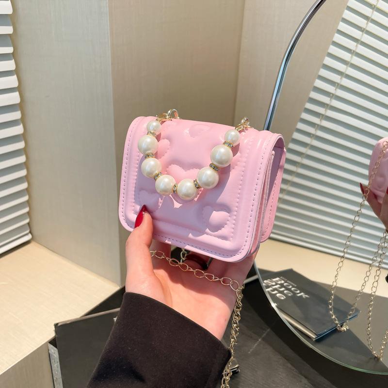New Solid Color Chain Shoulder Messenger Commuter Small Square Bag Fashionable Versatile Mini Pearl Handbag Bag