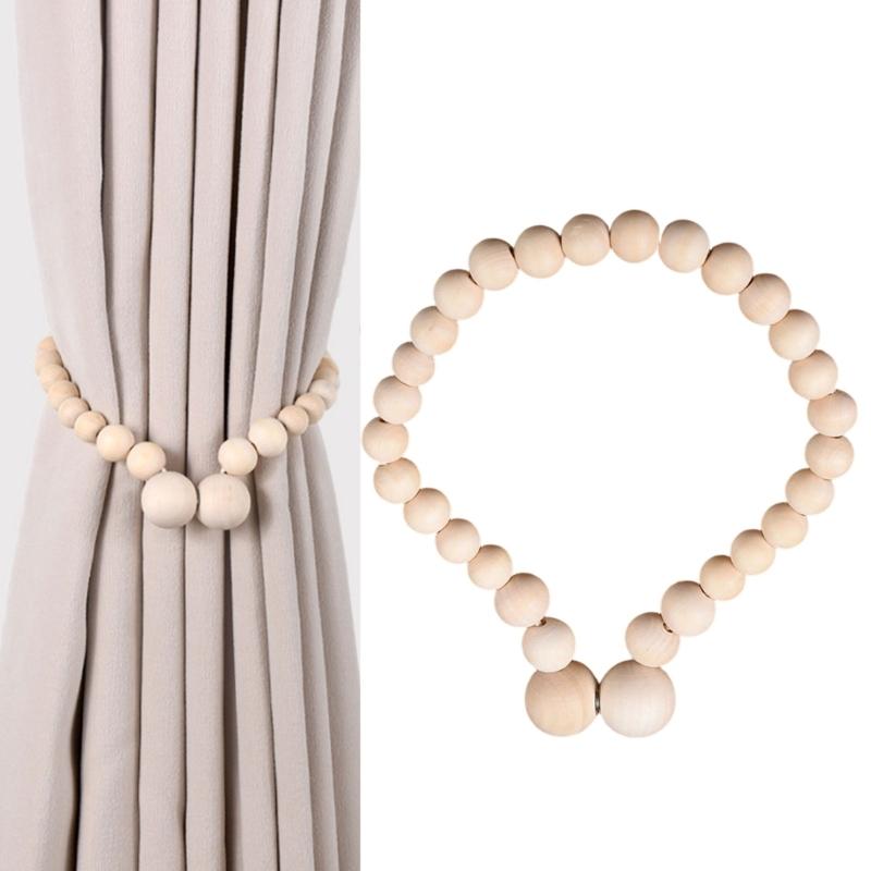 Magnetic Curtain Holdback, Wooden Beaded Drapes Tieback for Neat Window Styling in Bedroom, Study, or Living Room
