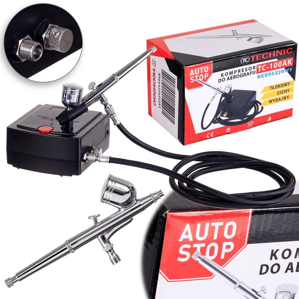 Kompresor Do Aerografu Zestaw Aerograf 0,3Mm Wąż Auto Stop Cichy