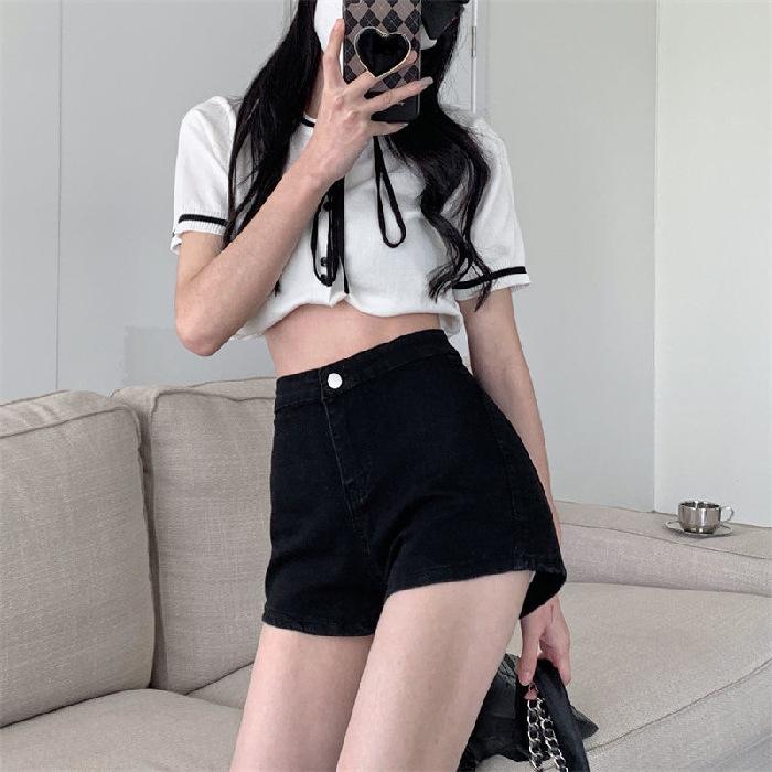 

Острые джинсовые шорты с высокой посадкой и стрейчем - Женские маленькие летние шорты-хотпэнты слим-фит S чёрный