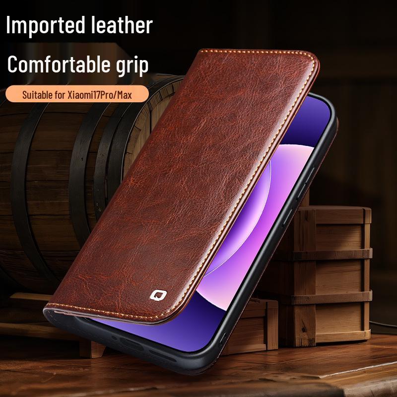 Chali Genuine Leather Xiaomi 17 Pro Max Flip Phone Case with Stand & Lens Protection