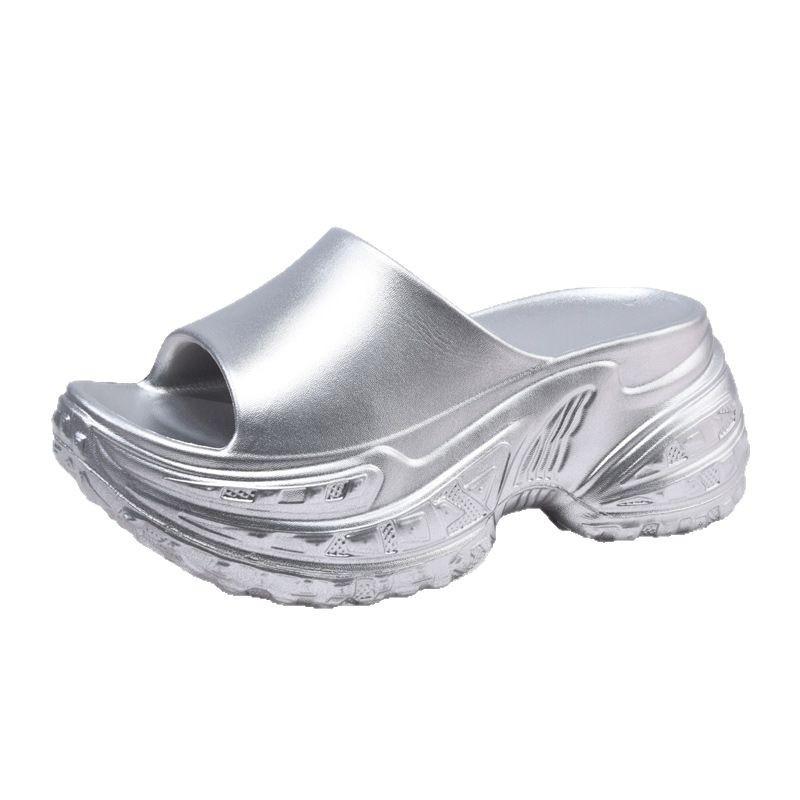 Thick bottom one-word drag women's summer height increase wear-resistant non-slip slippers EVA non-smelly feet breathable solid color