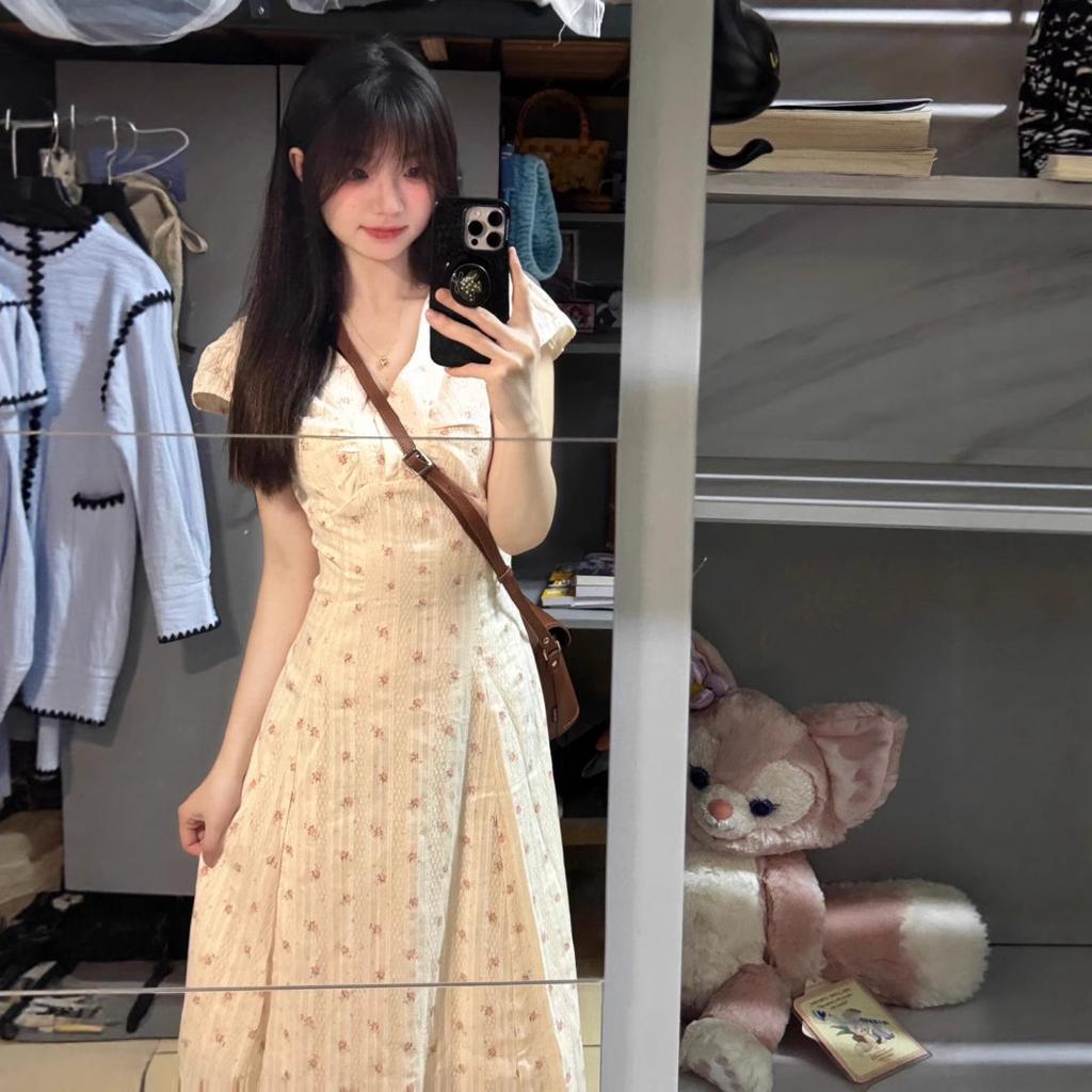Summer New French V-neck Floral Dress Femininity Vacation Style Waist Thin a Word Long Skirt