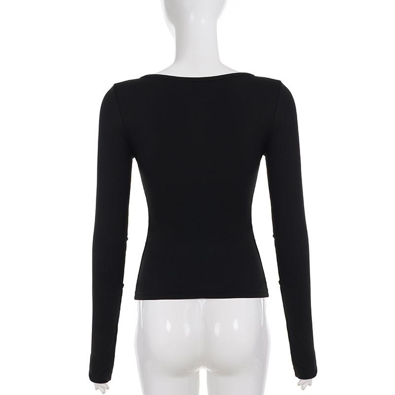 Summer New Style Hollow Design Long-sleeved T-shirt Simple Black Irregular Top for Women