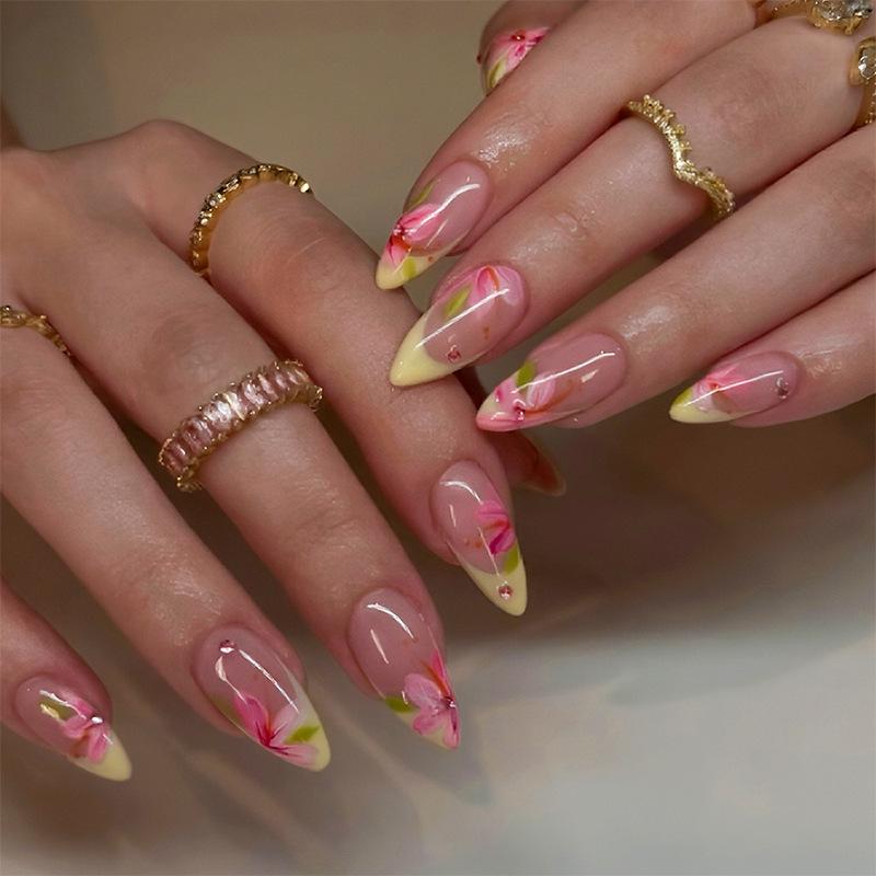 

French Hand-Painted Floral Almond Nails - Chinese Style Wearable Nail Art