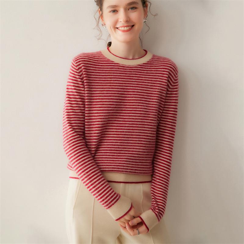 Women's Cashmere Striped Round Neck Sweater - 2026 Autumn/Winter Collection, Loose Fit, Gentle Style, Slimming, Warm Base Layer
