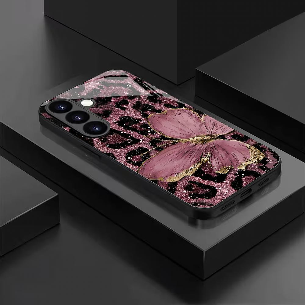 Leopardo drugelio grūdinto stiklo telefono dėklas, tinkamas Samsung Galaxy S26 S25 S24 S23 S22 S21 S20 FE/Ultra/Plus, apsaugantis nuo kritimo