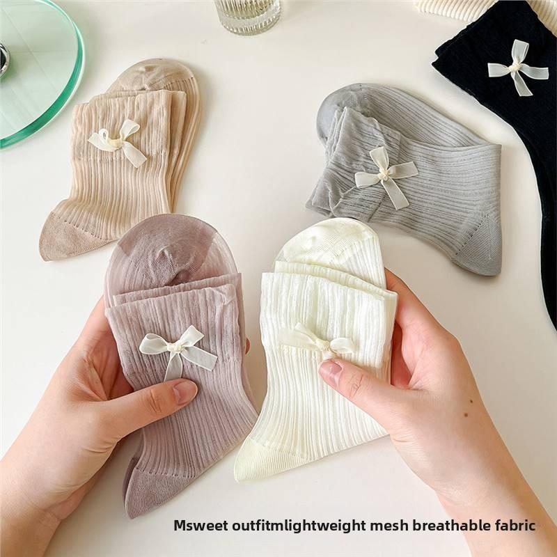 Ladies Spring and Summer Bow Lace Mesh Glass Wire Hollow Shank Pile Pile Socks