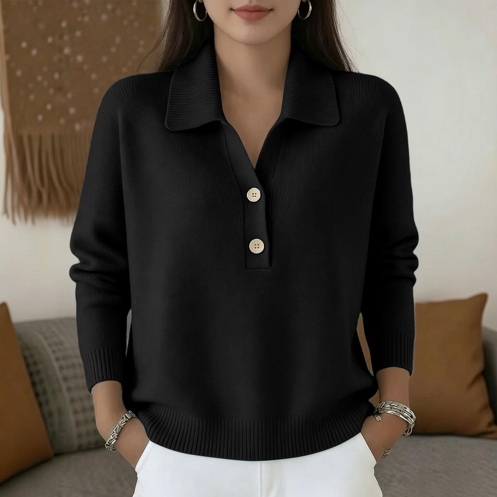 Women's Long Sleeve Knit Sweater Loose Fit Button Front Polo Collar Casual Pullover Top Lightweight Soft Fabric Comfortable Wear