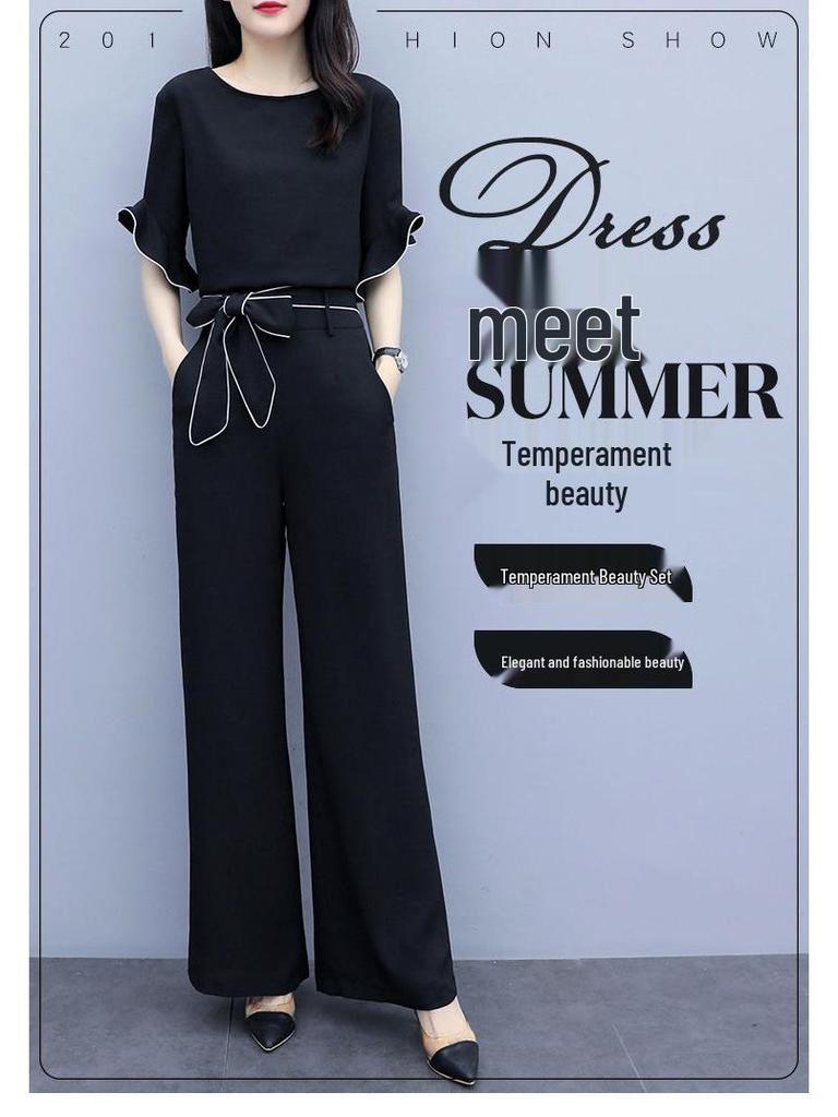 Women's 2023 Summer Wide-Leg Pants Suit: High-Waisted, Slimming, Fashionable Yujie Casual Two-Piece Set