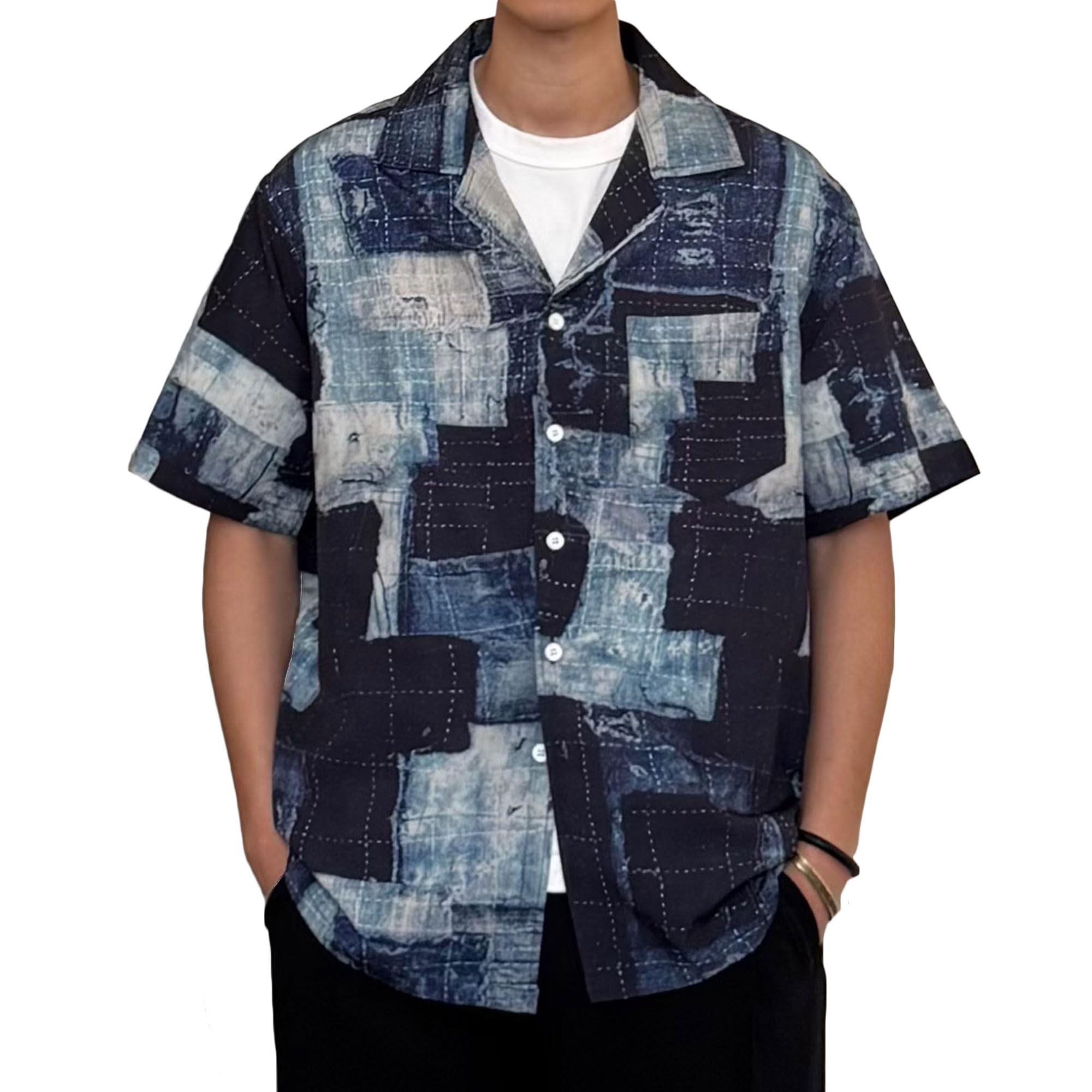 

CHANGE WELL 2025SS Мода Лето Уличная одежда Японский принт Повседневная Рубашка с коротким рукавом с узором пэчворк Мужская с открытым воротником (СИНИЙ, М) синий