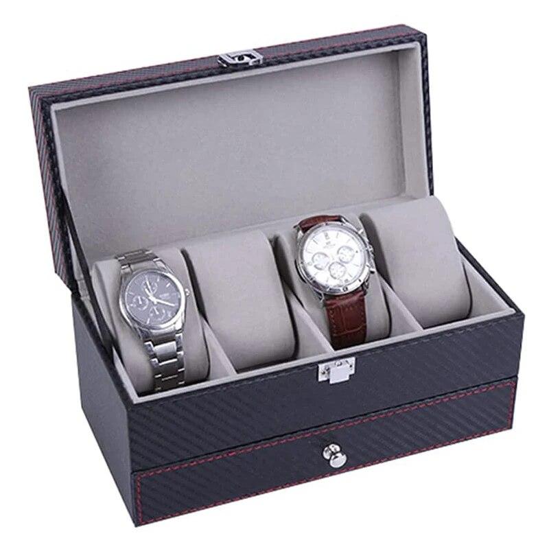 Classic Watch Box PU Leather Jewelry Organizer Travel Display Case for Men /Women,4 Slots Magnetic Top,Black