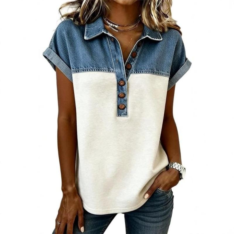 Women s Denim Color Block Henley Short Sleeve Blouse S