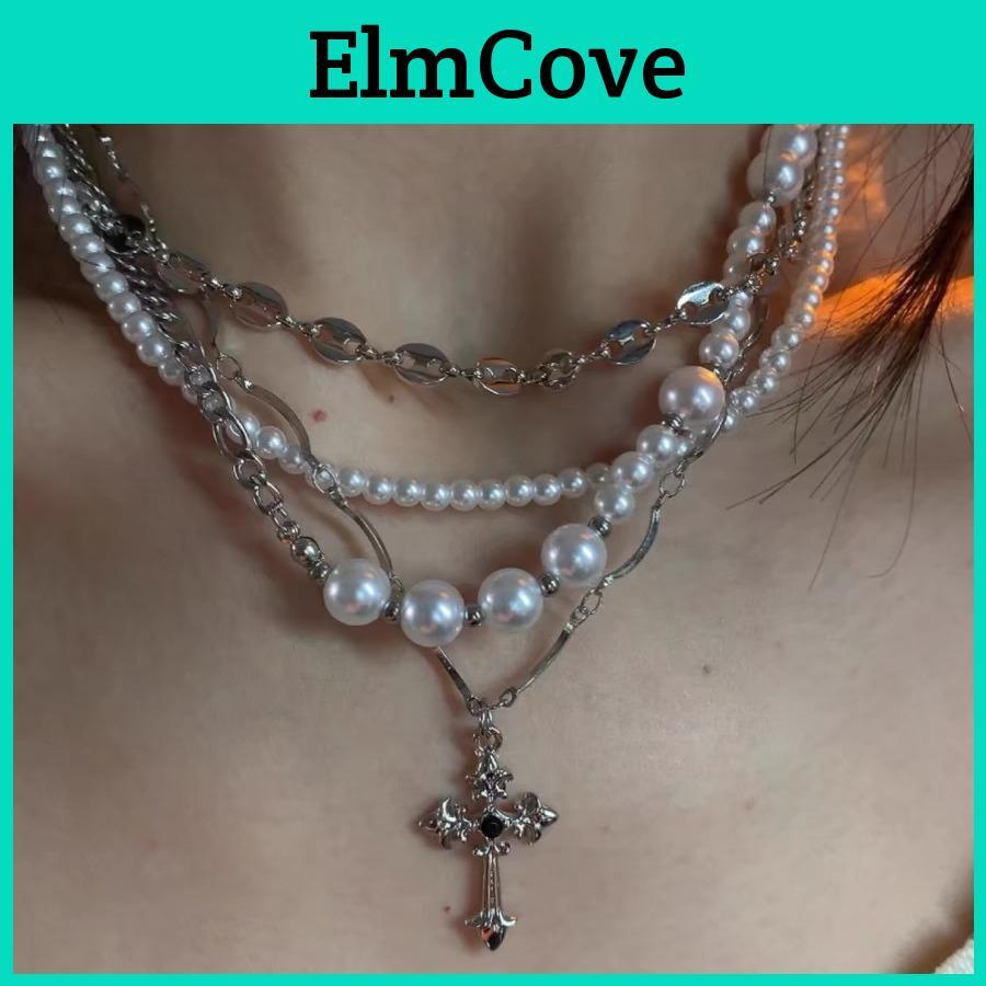 Unordered Pearl Cross Necklace With Handcrafted Alloy Chain For Unisex Fashion Accessory