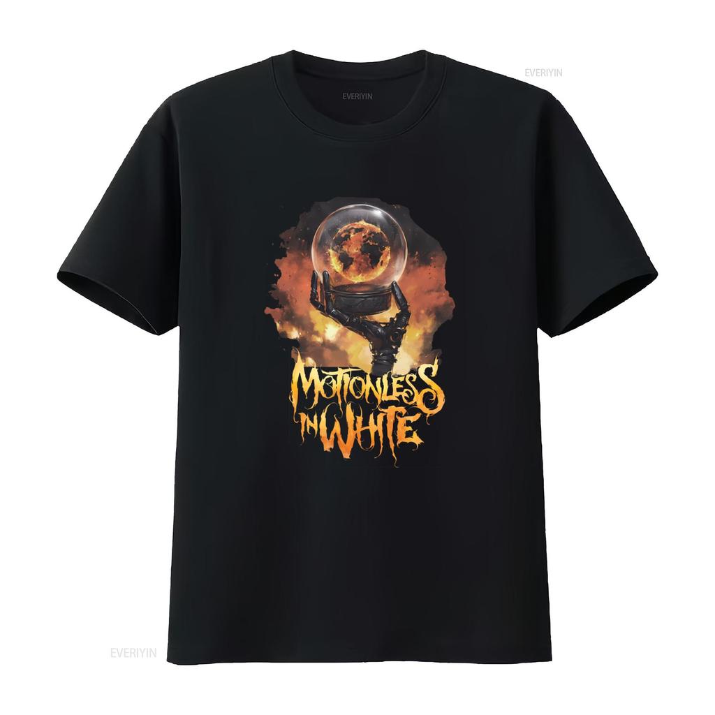 Motionless In White 2023 T Shirt Scoring The End Of World Design Unique Fire Globe Robotic Hand Print Perfect for Rock Fans