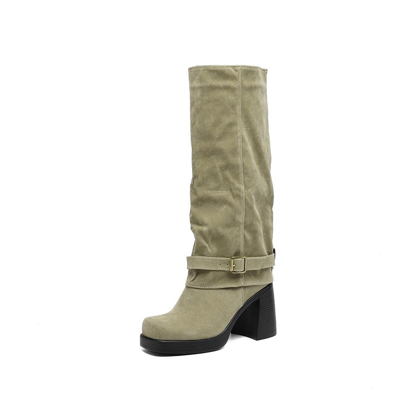 Women's High-heeled Boots Autumn and Winter New Sexy Temperament Thick Heel Square Head Large Size Medium Boots
