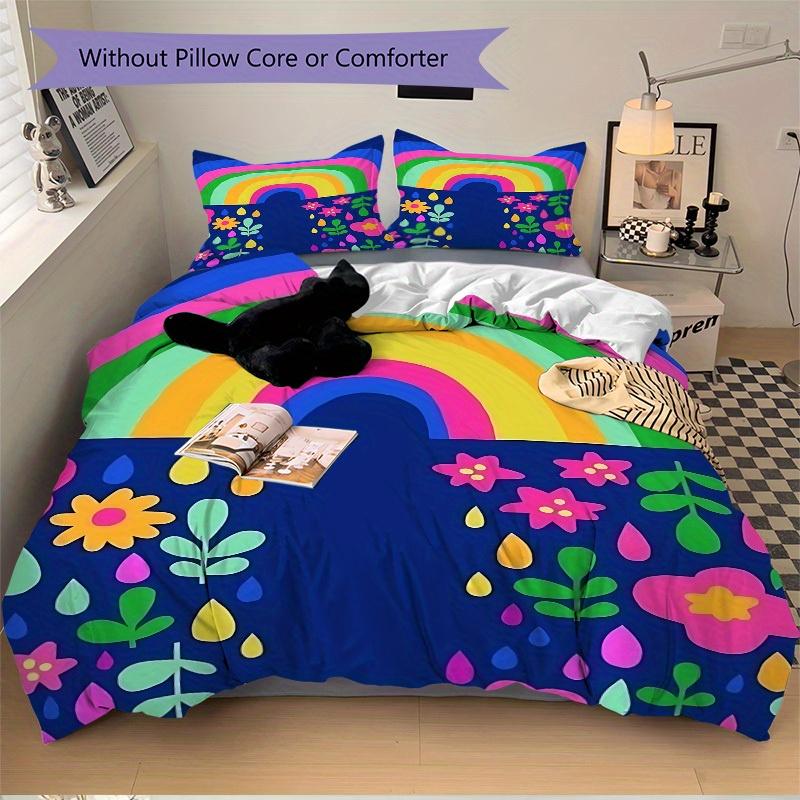 3pcs Rainbow Flowers Bedding Set, Breathable And Soft, Suitable for All Seasons Machine Washable, Suitable for Bedroom Decoration,yy250822138