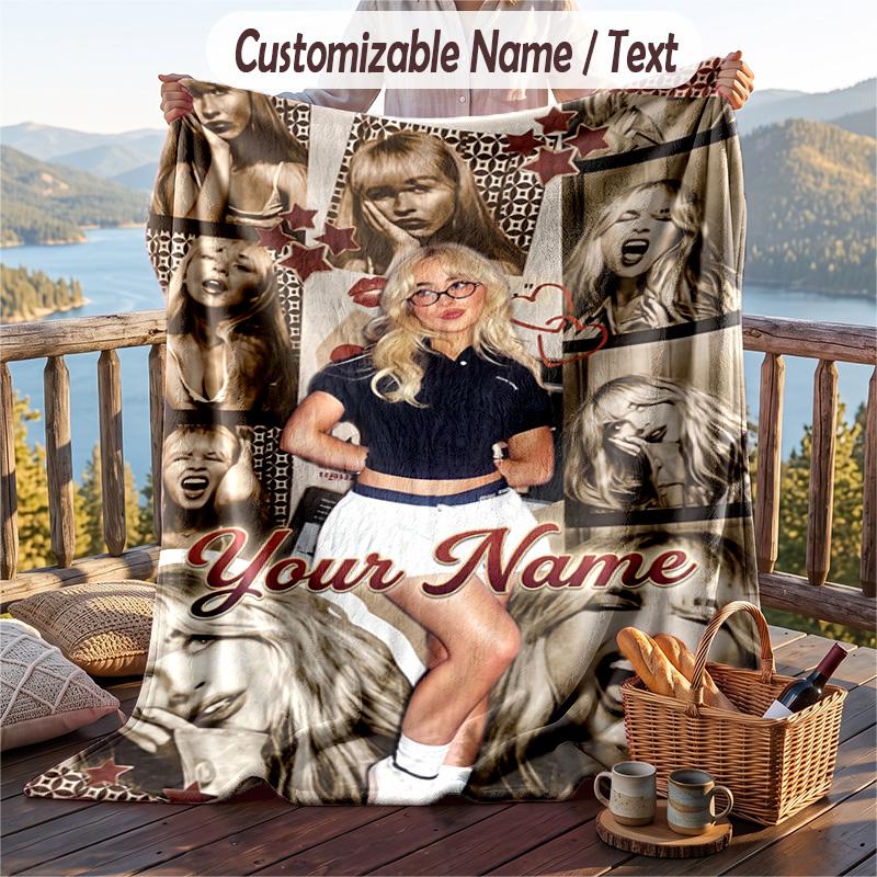 Personalized Flannel Throw Blanket,Sabrina Carpenter Custom Printed Name, Cozy Plush Blanket For Home Use