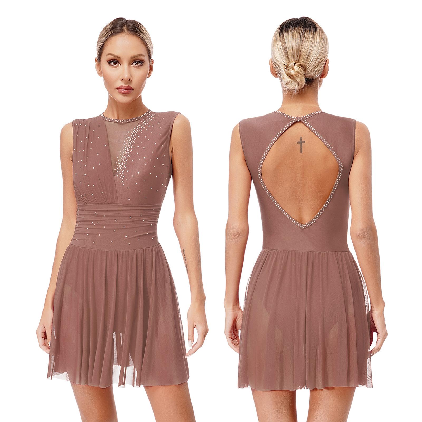 

Жіноча сукня для фігурного катання, сучасний ліричний балетний танцювальний купальник-пачка без рукавів, блискучі стрази, гімнастичний танцювальний одяг L рожевий