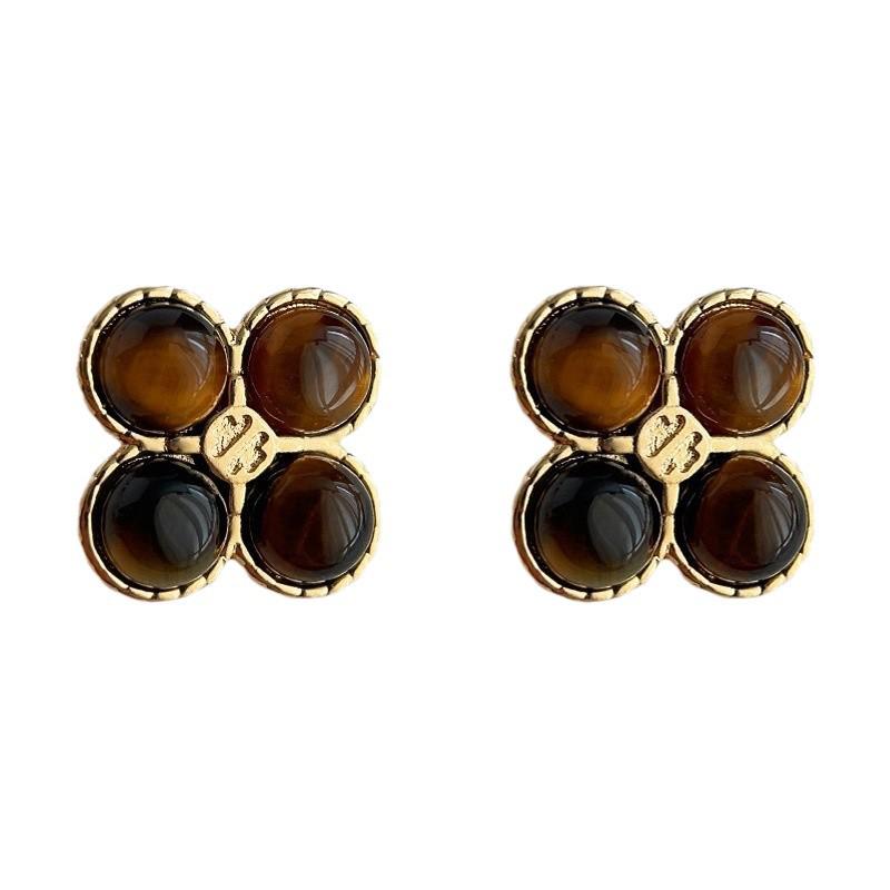 Retro Melaard Tiger's Eye Handmade French Light Luxury Stud Earrings for Women