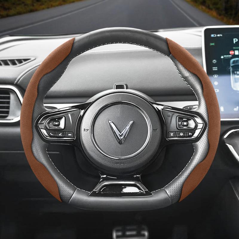Vcxja9 Suitable for Vinfast Anti-Slip Buckle Segmented Suede Steering Wheel Cover Vf 3 5 6 7 E34 8 9 Herio Limo Green and