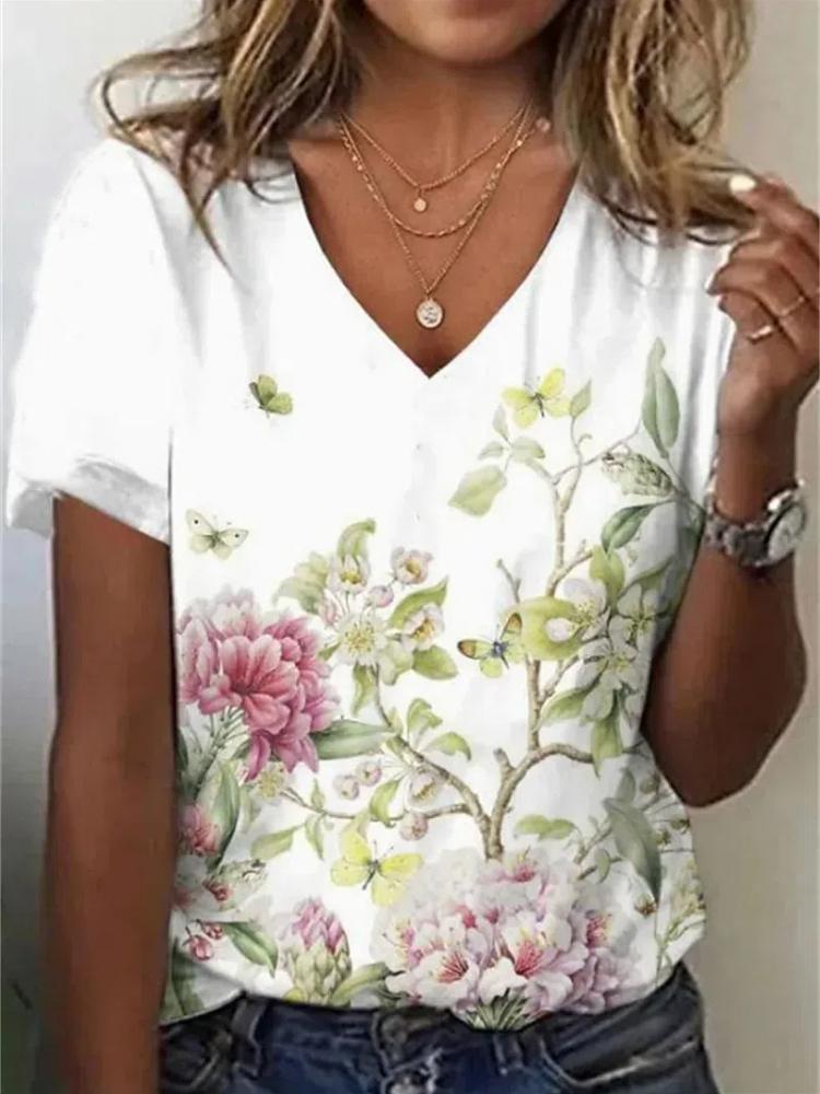 Summer Harajuku Women'S T-Shirt 3d Flowers Print Clothing V-Neck Short Sleeve Tops Fashion Ladies Pullover Oversized Female Tees