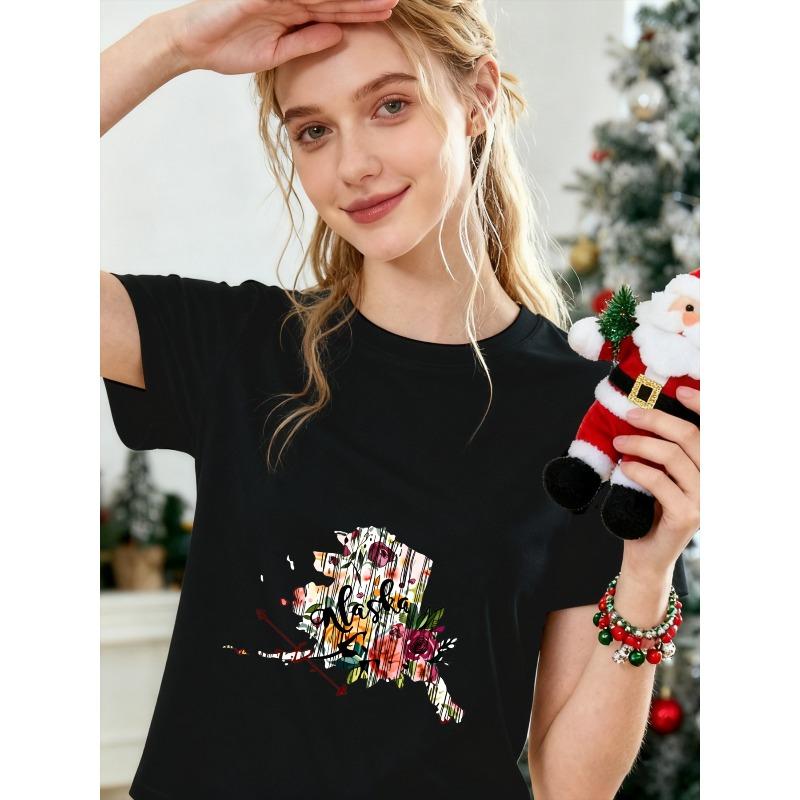 

Womens Short Sleeve Tee Black White Grey Alaska Floral Map Print Round Neck Stretchy Fabric All Season Fashion Trendy Comfortable Fit Casual Gift Top 4XL чорний