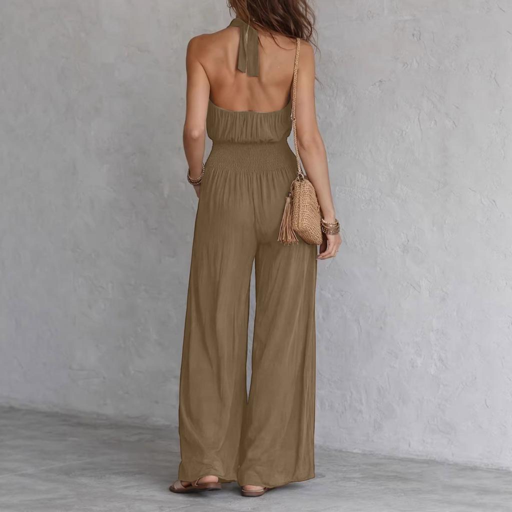 Damenmode ärmelloser Jumpsuit mit Rückenausschnitt, Taschen und weitem Bein