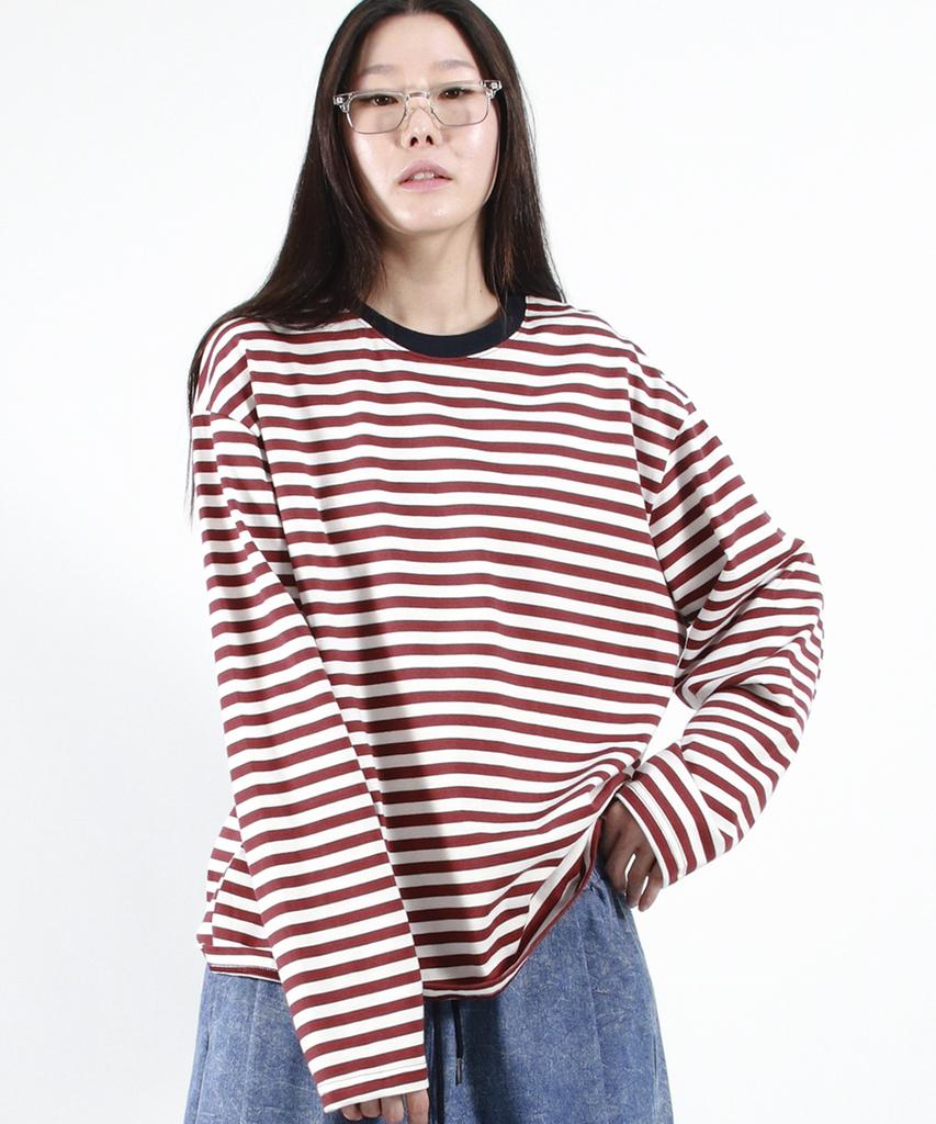 Deumakeu Stripe Loose-Fit Long Sleeve Tee - Burgundy