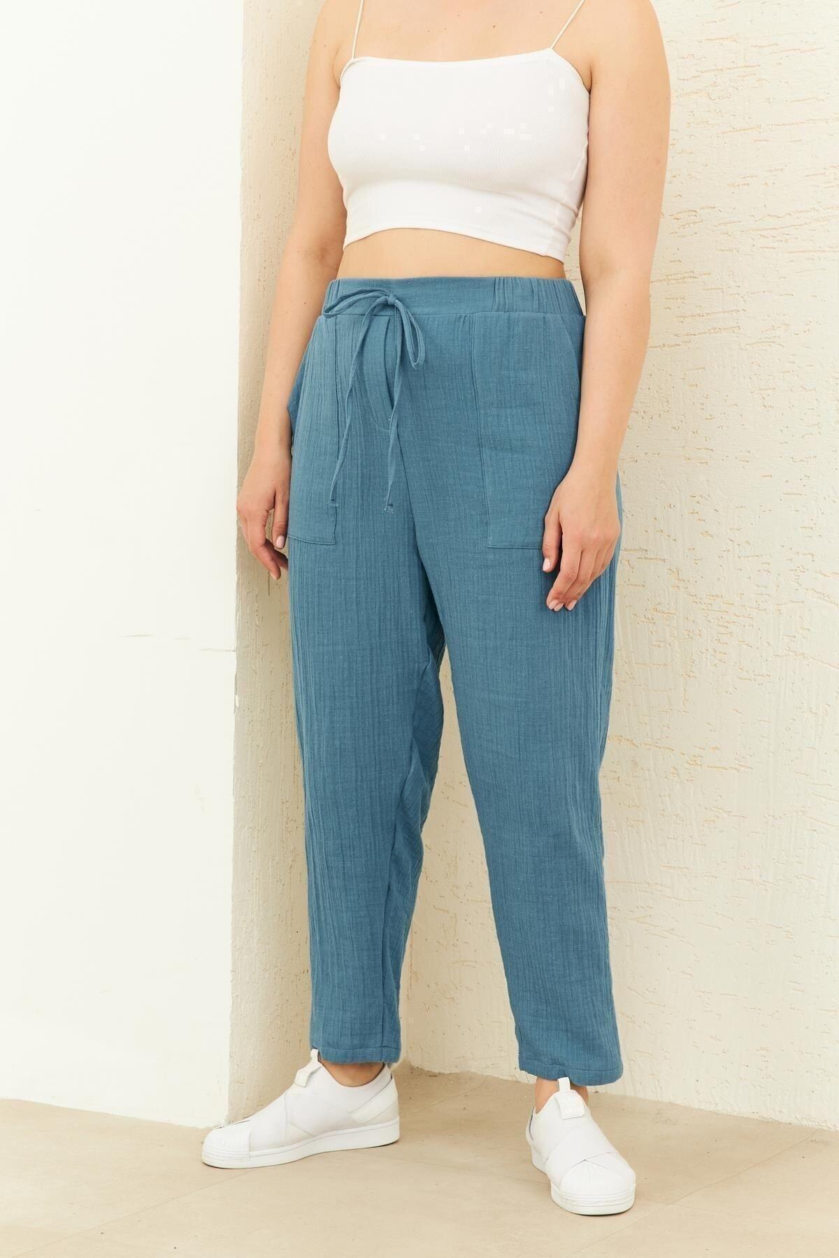 

Женские брюки больших размеров цвета индиго, узкие муслиновые брюки XL