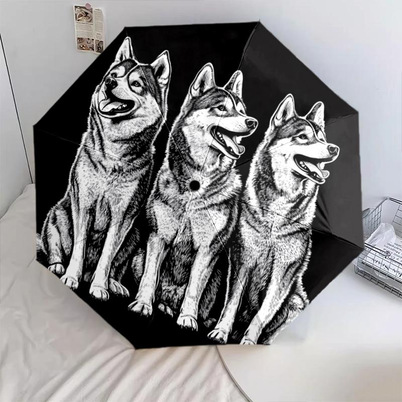Black Husky pattern, automatic folding umbrella, portable and foldable design, 8 ribs, a Christmas or birthday gift.