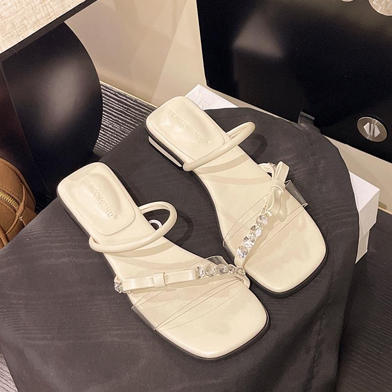 

French gentle sandals female 2025 summer new fairy style with skirt temperament rhinestone word with thick heel sandals 35