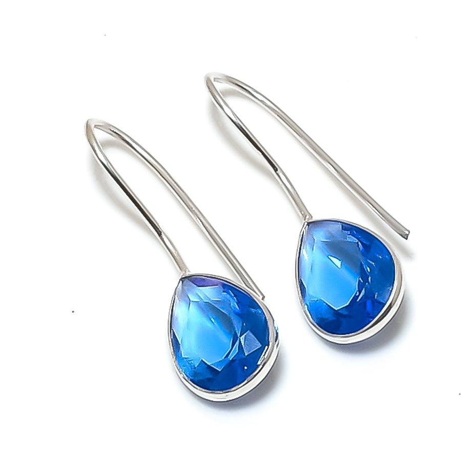 Natural Blue Topaz Gemstone 925 Sterling Silver Jewelry Earring 1.26" AE-12671