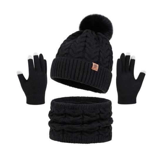 3Pcs/Set Women Winter Hat Scarf Gloves Set Twist Texture Plush Ball Decor Brimless Hat Scarf Touchscreen Glove Set