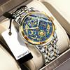 Orologio da polso da uomo di lusso con quadrante intagliata a tre indicatori, impermeabile, luminoso, con calendario, in acciaio inossidabile, fase lunare, al quarzo, adatto per l'uso quotidiano e per il lavoro