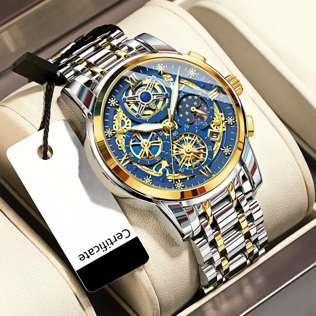 Orologio da polso da uomo di lusso con quadrante intagliata a tre indicatori, impermeabile, luminoso, con calendario, in acciaio inossidabile, fase lunare, al quarzo, adatto per l'uso quotidiano e per il lavoro
